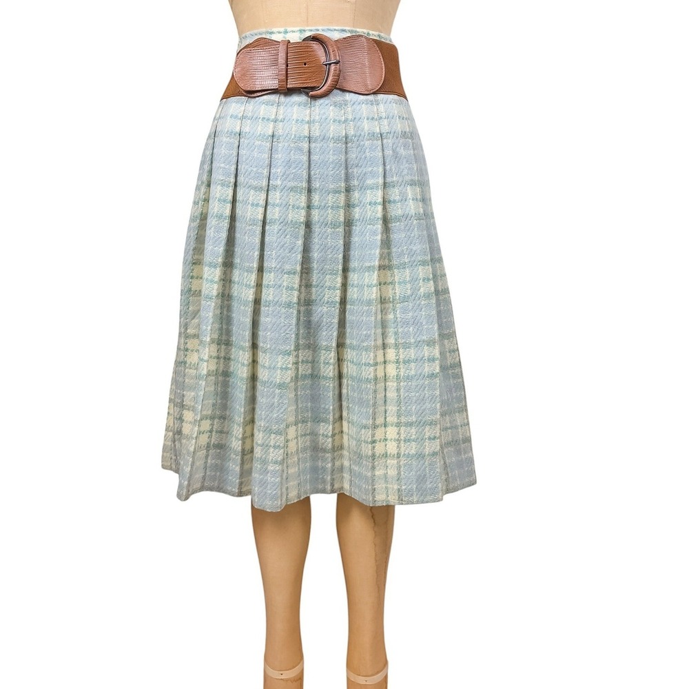 70s Plaid Pleated Wool Skirt Vintage Pastel Academia Old Money S